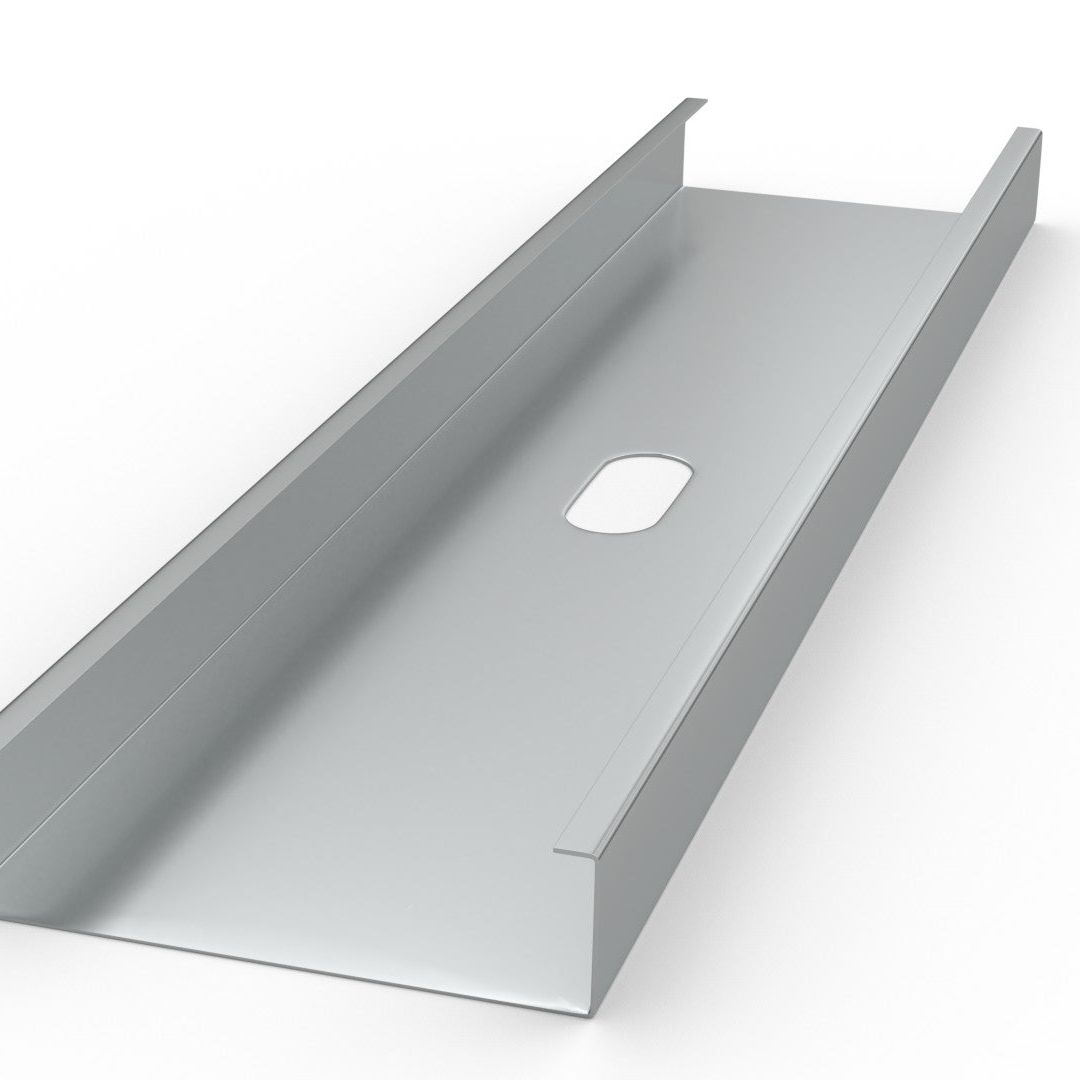 The 6 Metal Stud, 14 Gauge by Go Build, features a metallic u-shaped channel with a flat base and vertical sides, an elongated oval hole in the center, and is displayed on a plain white background.